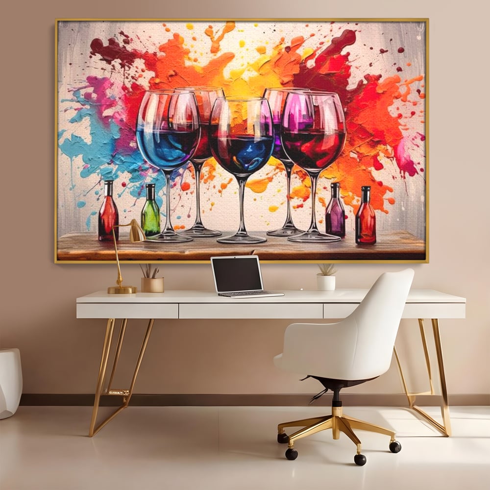 Tablou canvas cu pictura cu pahare de vin si pete, in rama de aluminiu auriu, pe perete intr-un birou